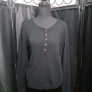 Lauren Ralph Lauren 100% Cashmere Mid Button Sweater Black Crew Neck Women's L